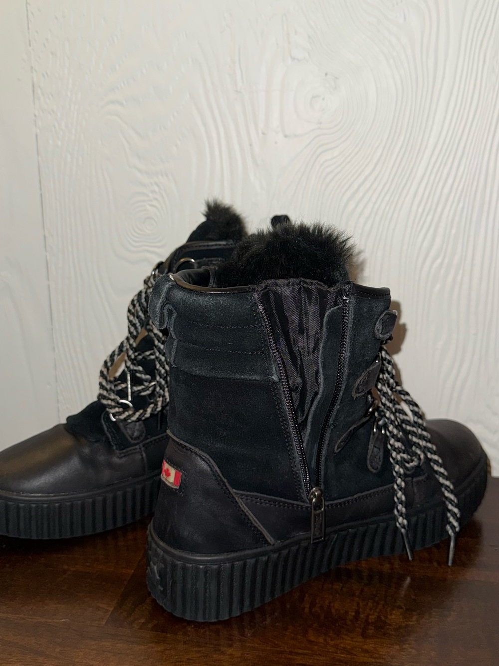 Pajar Black Faux Fur Lace-Up Platform Ankle Boots - Picture 5 of 9